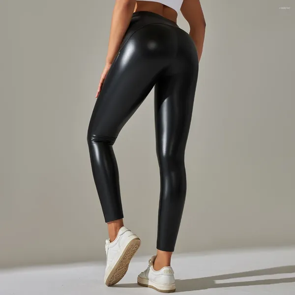 Pantalones activos Mujeres Leggings de cuero PU negro Pantalones de cintura alta sexy espeso Pantalon Mujer