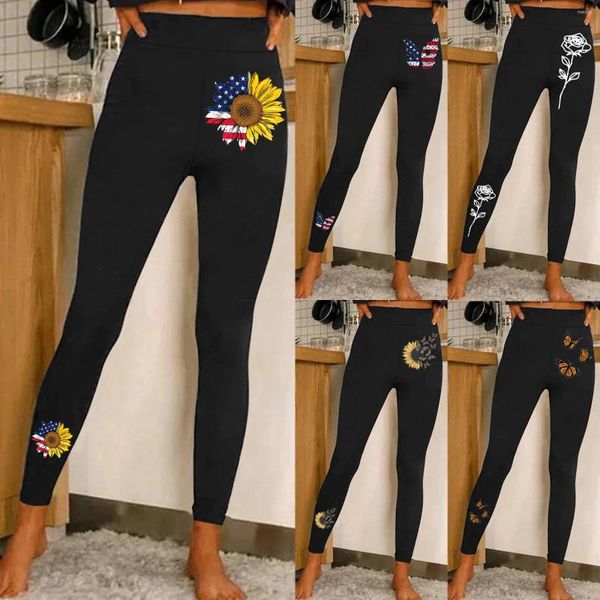 Pantalones activos Mujer Moda casual Deportes ajustados Yoga Leggings con estampado de mariposas y flores coloridas