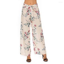 Active Pants Pantalón de mujer Gasa Impreso Pierna ancha suelta con cinturón Estampado Pantalones largos para mujer