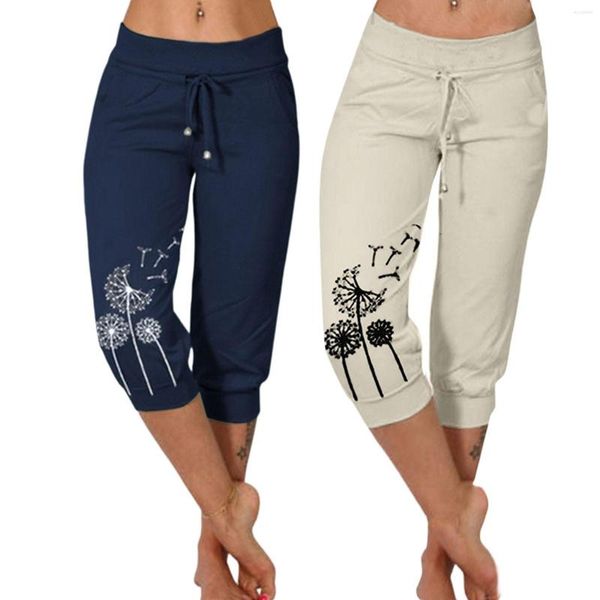 Pantalones activos Mujer Color sólido Deportes Yoga Cintura alta Draw Rope Capri Mid Long Stretch Womens Petite Casual