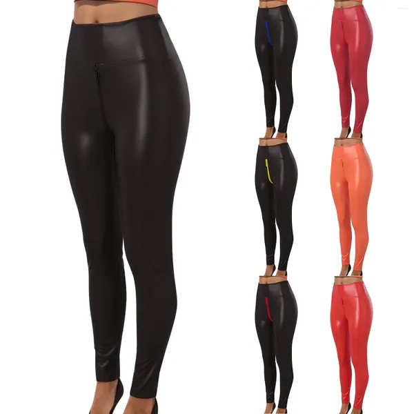 Pantalones activos Mujer Yoga Cuero Color sólido Cremallera abierta Deportes Cintura alta Corte ajustado