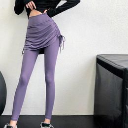 Pantalon actif femmes sport Yoga taille haute Fitness jambières d'exercices cordon de serrage demi-longueur jupe faux deux pièces collants d'élasticité
