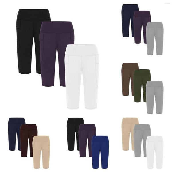 Pantalones activos para mujer, cintura alta, Control, entrenamiento, correr, Yoga, Abdomen, bolsillos recortados, motociclista, compresa de gimnasio sin costuras