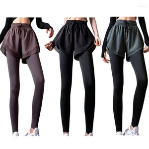 Pantalon actif 2 en 1 taille haute pour femmes, Leggings de sport serrés avec short, cordon de serrage à la taille, couleur unie, course à pied, Yoga, entraînement Long