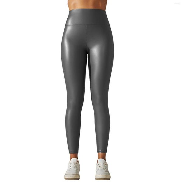 Pantalones activos para mujer compresión apretada deportes fondos de cuero PU yoga cintura ancha alta cintura elástica leggings metálicos brillantes