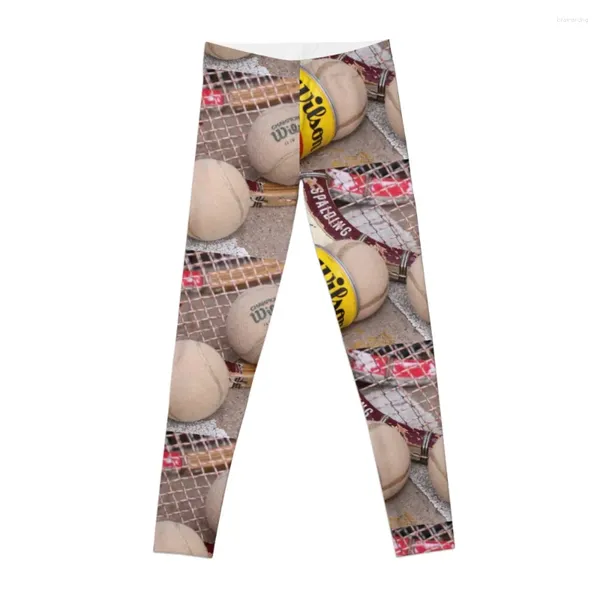 Pantalones activos Raquetas de tenis de madera y mallas de pelotas vintage Mujer deportiva Legging de gimnasio Sexy para mujer