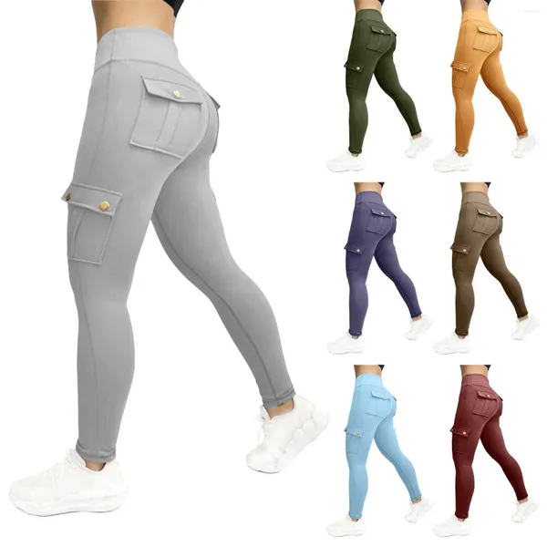 Pantalones activos Ropa de trabajo Fitness Mujer Yoga alto Flor Bolsillos múltiples Elástico Maternidad sobre el vientre