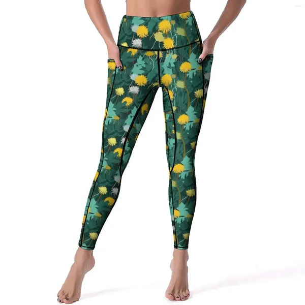 Pantalones activos Leggings de diente de león amarillo estampado de plantas Push Up Yoga Casual Stretch Legging mujeres diseño Fitness deportes medias