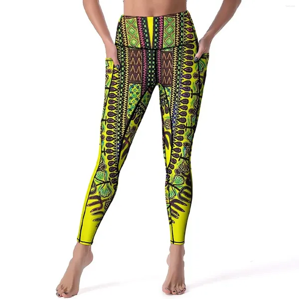 Pantalones activos Leggings de Dashiki amarillo con bolsillos Diseño de impresión africana Yoga Push Up Gym Legging Retro Sports Sports Tercos de seco rápido