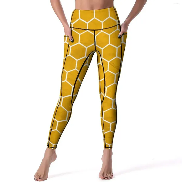 Pantalon actif jaune ruches Leggings Hexagonal hexagone Push Up Yoga décontracté Stretch Legging femmes graphique entraînement gymnase Sport