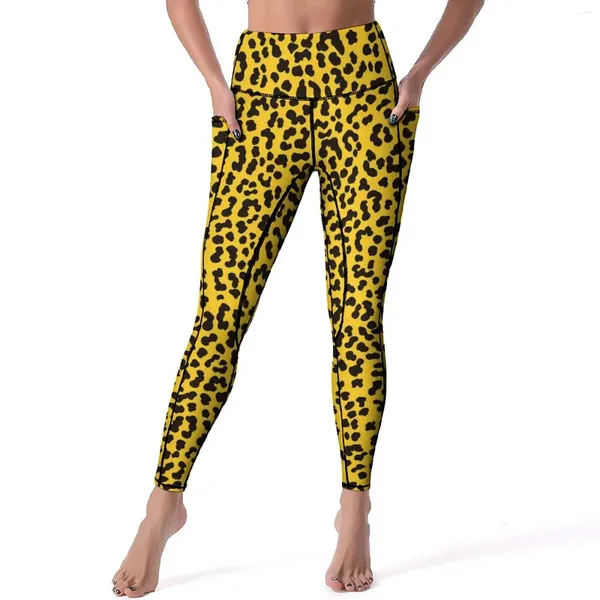 Pantalones activos con estampado de leopardo amarillo para mujer, mallas deportivas estilo Vintage de los años 80, de cintura alta, diseño Sexy, mallas deportivas para Fitness