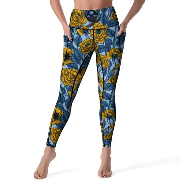 Pantalones activos Leggings con estampado de rosas amarillas Vintage Bird Gym Yoga Push Up lindo deporte con bolsillos Legging personalizado de secado rápido