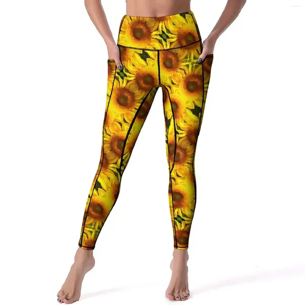 Pantalon actif Jaune Tournesol Yoga Imprimé Floral Leggings de course Taille haute Stretch Collants de sport Graphique Legging Cadeau d’anniversaire