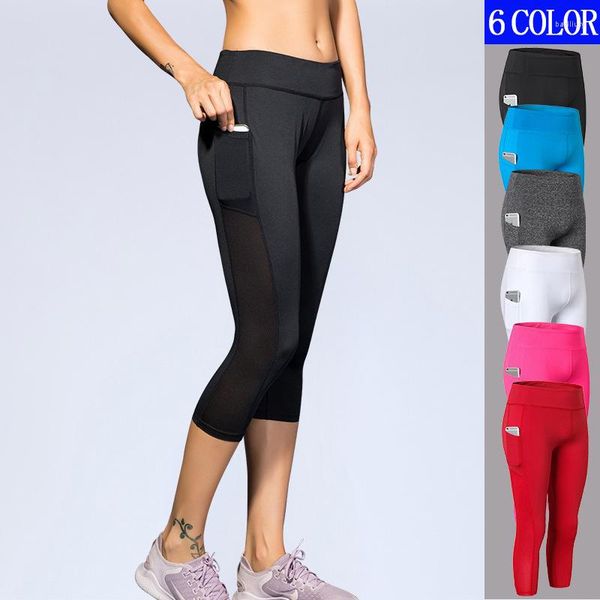 Pantalons actifs Yoga Leggings avec poche femmes haute élasticité maille sport recadrée séchage rapide Gym course Capris Fitness femme serré