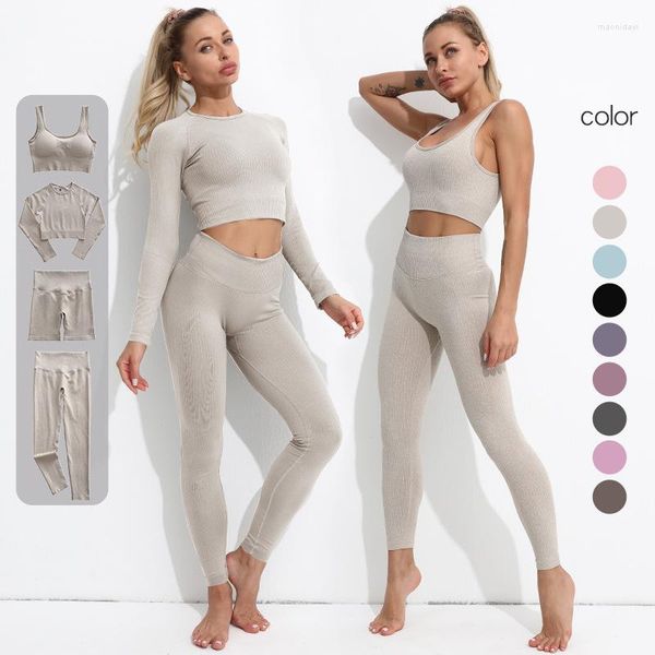 Ensembles actifs 2/3/4 pièces Yoga femmes survêtement sans couture Sportswear Gym Femmel côtes ensemble de vêtements de Sport Fitness Sport tenue Leggings pour femme