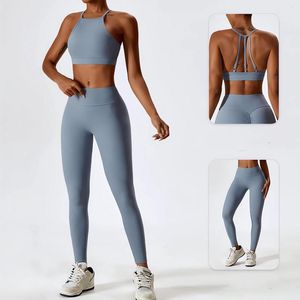 Ensembles actifs Tenue 2 pièces Ensemble de yoga Femme Gym Lounge Wear Crop Sports Tops Fitness Leggings Séchage rapide Nylon Survêtements 5 couleurs