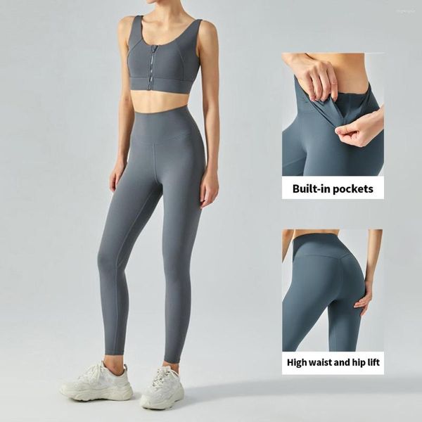 Conjuntos activos de 2 piezas, conjunto de Yoga sin costuras para mujer, ropa de entrenamiento de gimnasia, sujetadores deportivos con cremallera transpirable, chaleco, pantalones con bolsillos