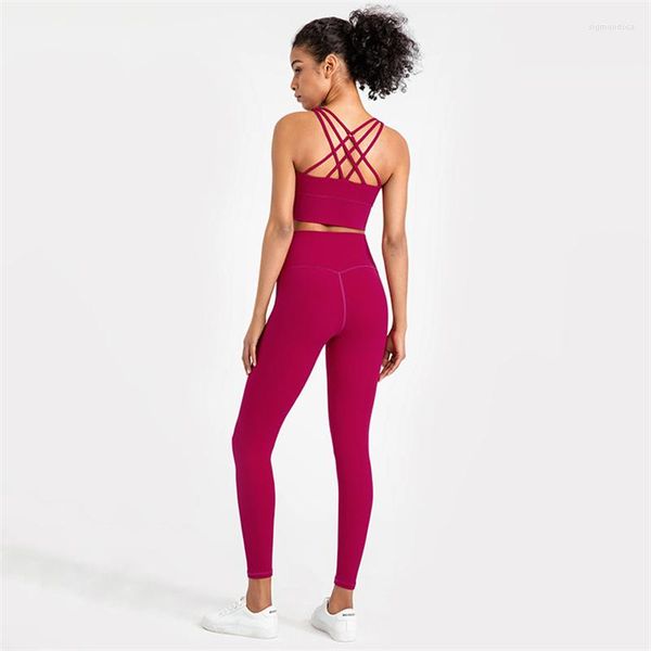 Ensembles actifs 2023 ensemble de Yoga sans couture costume de sport de gymnastique femmes vêtements d'entraînement haut 2 pièces sangle croisée soutien-gorge de Fitness taille haute Leggings 29 couleurs