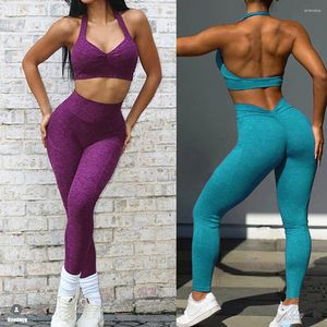 Active Sets 2024 1/2pcs v Back Lycra Pad Pocket Halter Sport Bra Yoga Set Hurt Squat Proof Scrunch Legging Workout Pant Gym Fitness Suits