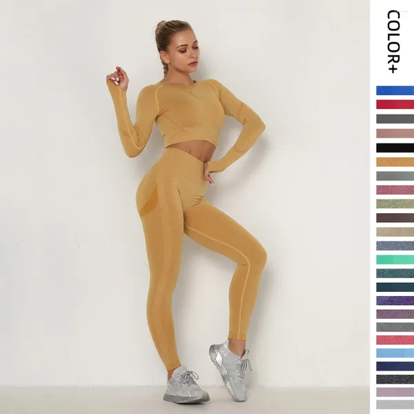 Conjuntos activos 2024 traje de Yoga plisado sin costuras para mujer de cintura alta melocotón ajustado deportes de manga larga pantalones de Fitness conjunto de dos piezas