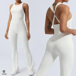 Active Sets 2024 XL Bandage Back Yoga Set Squat Proof One Piece Jumpsuits Sport Fitness Dance Flare Legging workout Pant Women Suits