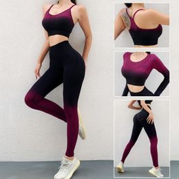 Active Sets 3Pcs Gradient Ramp Seamless Yoga Set Femmes Workout Sportswear Gym Vêtements Fitness Manches Longues Crop Top Taille Haute Leggings Gilet