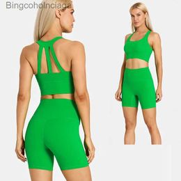 Actieve sets ABS LOLI Rekbare spandex Gymsets Sportoutfits voor dames 2-delige crop tanktop met bandjes Hoge taille shorts Workout yogakledingL231007