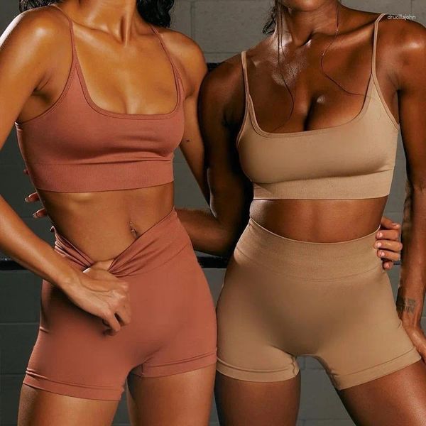 Ensembles actifs marque pantalons de Yoga vêtements sans couture deux pièces explosif Sexy femmes sport Fitness ensemble short et haut