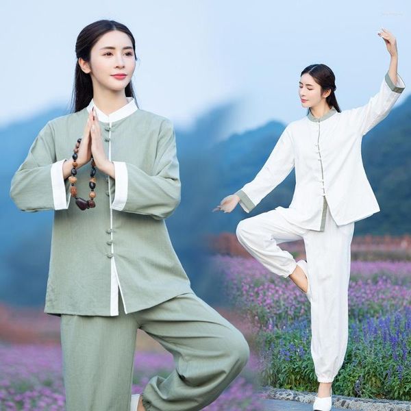 Conjuntos activos Estilo chino Mujer Chándal Yoga Tai Chi Traje de artes marciales Algodón Lino Camisa suelta Pantalón Meditación Kungfu Conjunto atlético casual