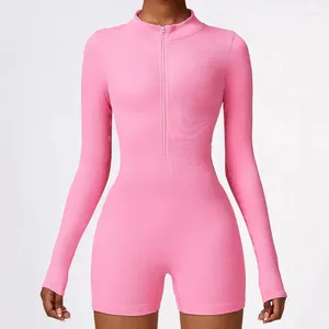 Ensembles actifs Ensemble d'entraînement de vêtements de gymnastique sans couture intégré Fitness body demi-zip fermeture éclair siamois vêtements de sport femmes une pièce Yoga costume