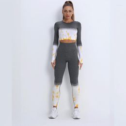 Conjuntos activos Conjunto de yoga sin costuras de cintura alta para mujer Camiseta de manga larga de 2 piezas Leggings Chándal Ropa Ropa de gimnasio Deporte Fitness Ropa deportiva