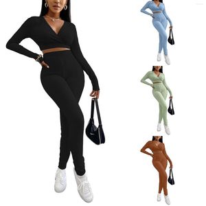 Ensembles actifs Hirigin Mode Femmes Moulants Deux Pièces Vêtements Ensemble Couleur Unie À Manches Longues Surplis Décolleté Crop Tops Et Leggings