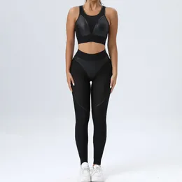 Actieve sets Honeycomb Patchwork Gym Trainingsset Women Sportswear 2 -delige kledingpak voor fitness yoga Activewear vrouwelijke sport outfit zwart