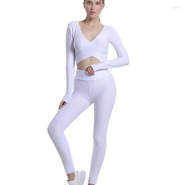 Conjuntos activos, ropa deportiva de tela de espuma Jacquard para mujer, ropa deportiva para gimnasio, Top corto cruzado de manga larga para mujer, conjunto de entrenamiento de Yoga y Fitness