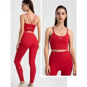 Conjuntos activos LO Sexy belleza camiseta sin mangas vestido de Yoga Sujetador deportivo desnudo cintura alta levantamiento de cadera correr Fitness pantalones conjunto