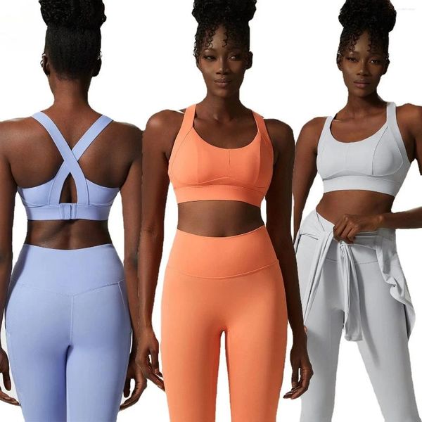 Conjuntos activos LO Leggings para mujer Conjunto deportivo de ropa interior con diseño cruzado a prueba de reuniones Sensación desnuda Conjunto de ropa deportiva