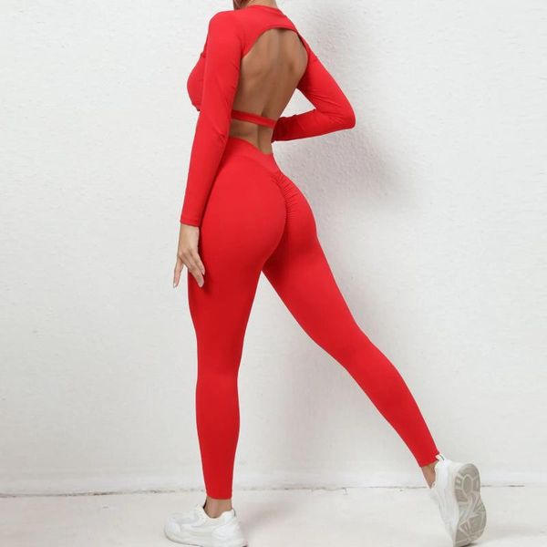 Ensembles actifs Haut à manches longues Costume pour Fitness 2024 Lycra Gym Ensemble Femmes Sportswear Dos Nu Sport Tenue Femme Survêtement Rouge Rose Vert