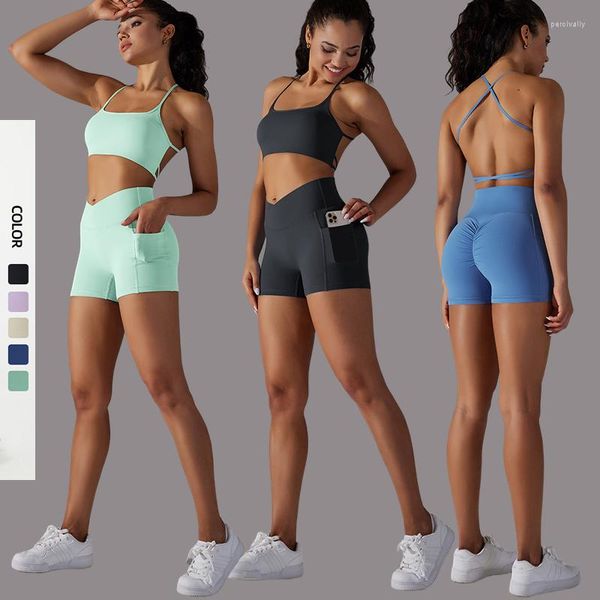 Conjuntos activos, conjunto de Yoga Naked Feel, Sujetador deportivo de belleza para mujer, pantalones cortos de gimnasio, ropa de entrenamiento, ropa deportiva, traje de 2 piezas