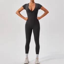 Actieve sets Yogaset uit één stuk Dames Gym Jumpsuit Outdoor Hardlopen Korte mouw Effen Fitness Workout Training Alles-in-één bodysuit Sportkleding