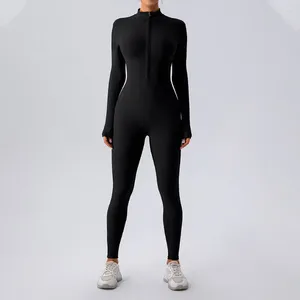 Ensembles actifs Une pièce Yoga costume Sport combinaison femmes noir col montant fermeture éclair à manches longues Fitness body vêtements de Sport femme Gym Leggings ensemble