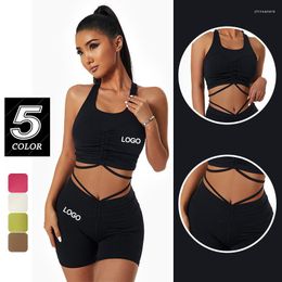 Active Sets Private Label Hollow Out Riem Yoga Crop Top Bulift Biker Short Pants Gym Sportswear Twee stukken Set