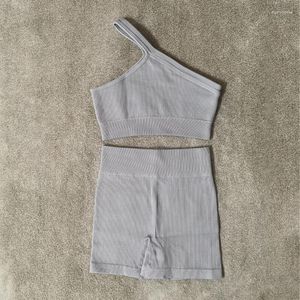 Ensembles actifs ensemble de yoga côtelé sans couture femmes une épaule costume de sport fitness survêtement vêtements de sport deux pièces vêtements d'entraînement gym tenue vêtements