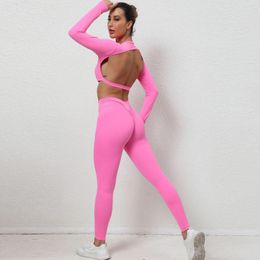 Ensembles actifs sans couture dos nu Yoga sport Fitness taille haute pantalon de levage de hanche costume à manches longues entraînement Leggings de gymnastique ensemble pour les femmes