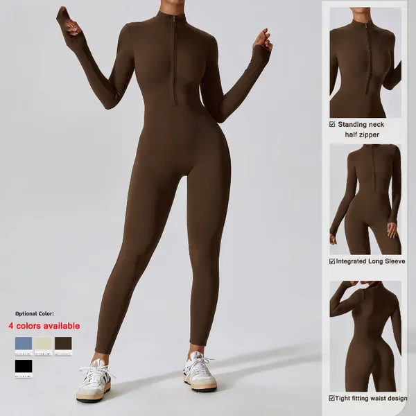 Ensembles actifs Ensemble de Yoga intégré sans couture femmes Fitness sport costume fermeture éclair à manches longues Leggings minces body séchage rapide survêtement de gymnastique