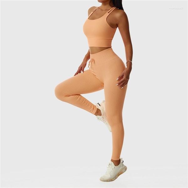 Conjuntos activos Push-Up sin costuras, sujetador deportivo con tiras, mallas, conjunto de Yoga, mallas deportivas de cintura alta sólidas, Jeggings de punto elásticos sexys de secado rápido