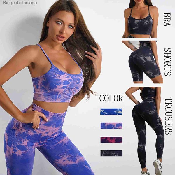 Ensembles actifs Tie sans couture Dye Yoga Ensembles Sports Fitness High Waist Hip Le leging Leggings Beauty Back Suits Shorts Shorts pour Womenl231007