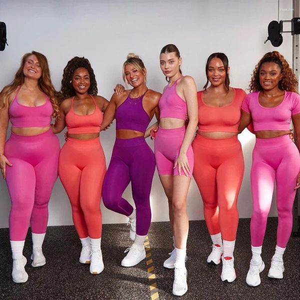 Ensembles actifs Sans couture femmes Yoga ensemble vêtements d'entraînement vêtements de Sport Fitness à manches longues haut court taille haute hanche ascenseur Legging Sport costume