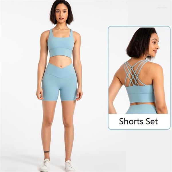 Ensembles actifs Ensemble de yoga sans couture Gym Costume de sport Femmes Vêtements d'entraînement Top 2pcs Cross Strap Fitness Bra Taille haute Shorts Leggings 17 couleurs