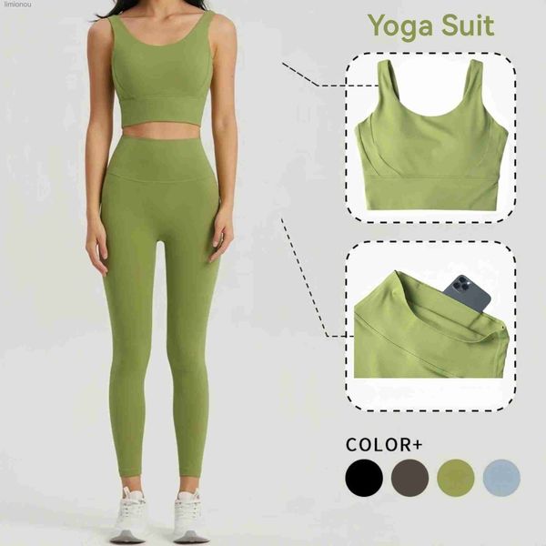 Ensembles actifs Ensemble de Yoga sans couture femmes Lycra vêtements de sport soutien-gorge de sport tasses semi-fixes hauts d'entraînement Leggings de Yoga Anti-roulement avec collants de poche L240118