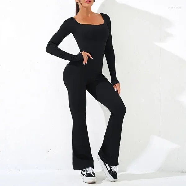 Sets activos Pantalones acampanados sexy folletos Pilates Fitness Juego de gimnasia ropa de entrenamiento de gimnasio Bodysuits de manga larga.